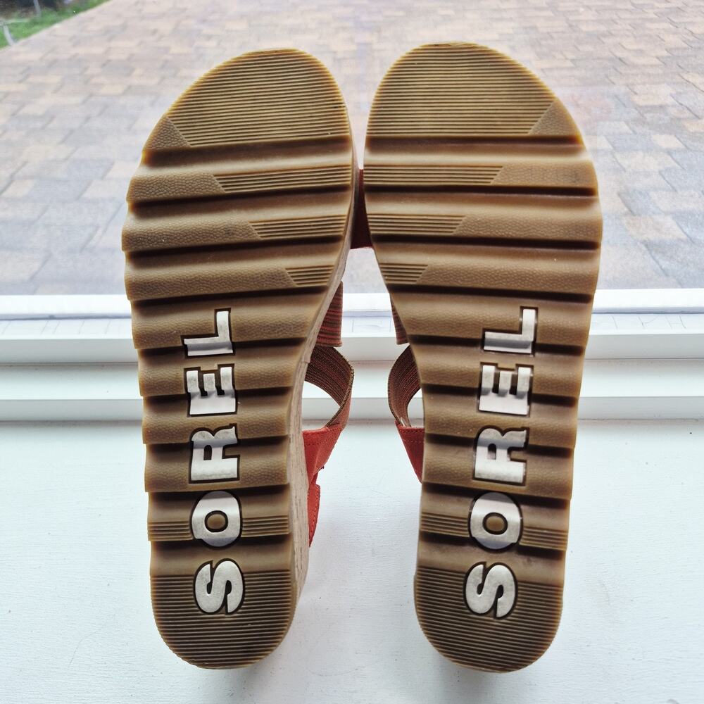 Sorel Cameron Flatform Sandals Womens 9 Orange Red Suede Cork Platform Slingback - Picture 8 of 9
